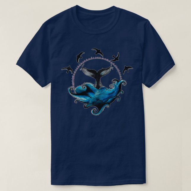 T-shirt Queue de baleine aquarelle peinture avec oiseaux L (Design devant)