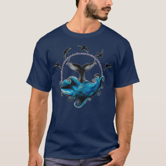 T-shirt Queue de baleine aquarelle peinture avec oiseaux L