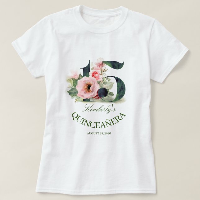 T-shirt Quinceanera 15e fête d'anniversaire Floral (Design devant)