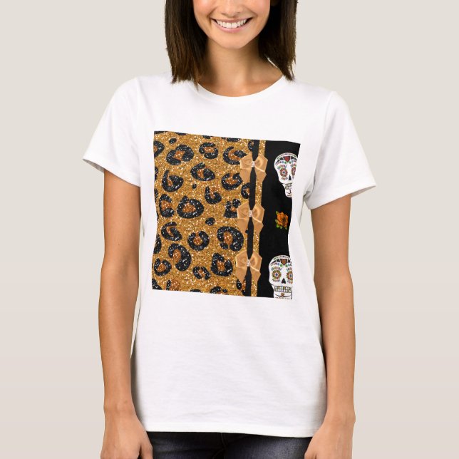 T-shirt RAB Rockabilly Gold Leopard Print Sugar Skulls (Devant)