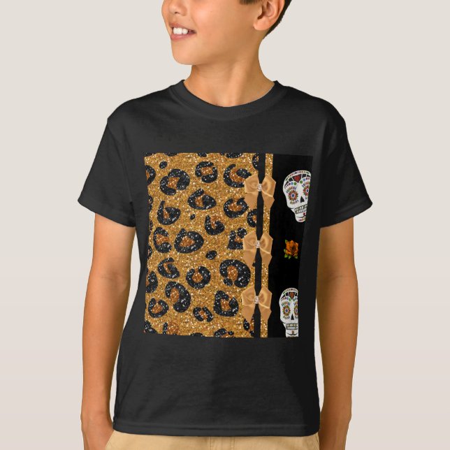 T-shirt RAB Rockabilly Gold Leopard Print Sugar Skulls (Devant)