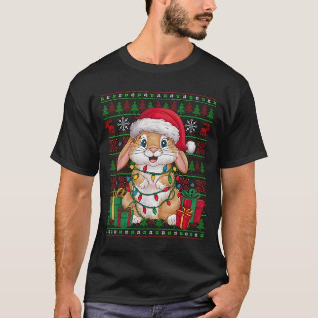 T-shirt Rabbit Bunny Xmas Lights Ugly Santa Hat Bunny Chri (Devant)