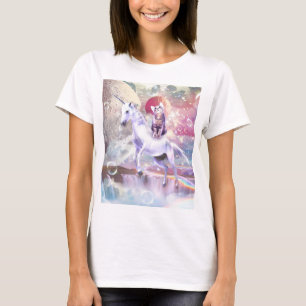 T-shirt Rainbow galaxy chat équitation licorne dans l'espa
