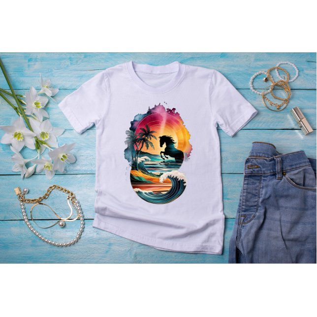 T-shirt Rainbow Horse Art avec Sunset Beach Paysage (Créateur téléchargé)
