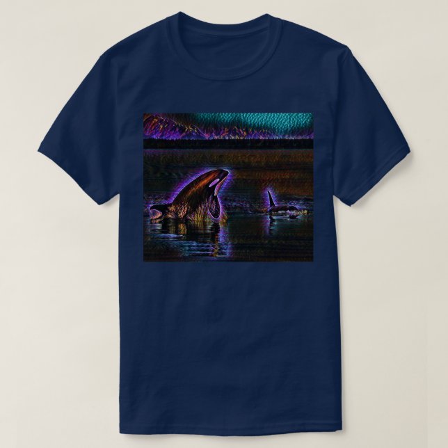 T-shirt Rainbow Neon Killer Whale And Baby (Design devant)