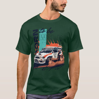 T-shirt Rally competition car in a race kicking up dust gi