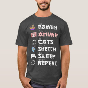 T-shirt Ramen Anime Chats Croquis Sommeil Répéter