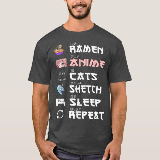 T-shirt Ramen Anime Chats Croquis Sommeil Répéter