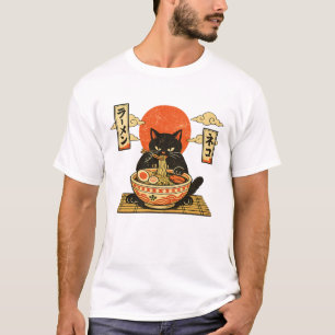 T-shirt Ramen au chat noir vintage japonais en gravure sur