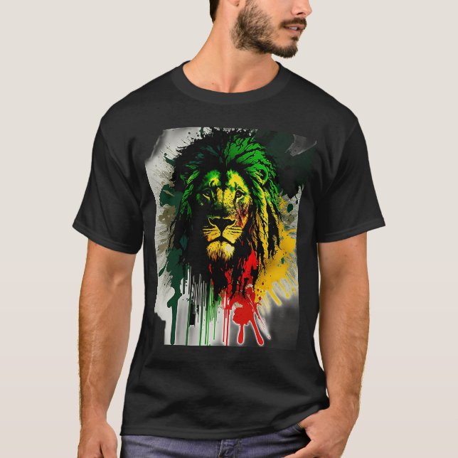 T-shirt Rasta Lion élégant Rastafari Aquarelle Peinture Re (Devant)