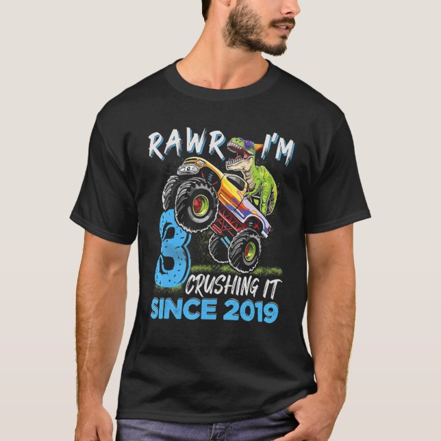 T-shirt Rawr I'm 3 Monster Truck Dinosaur 3e anniversaire  (Devant)