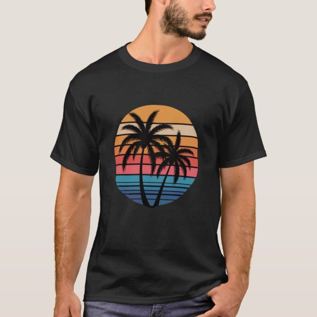 T-shirt Rayures de coucher de soleil rétro avec palmiers (Devant)