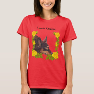 T-shirt Red Australian Kelpie on Yellow Roses