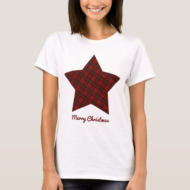 T-shirt Red Christmas tartan Star Joyeux texte de Noël (Devant)
