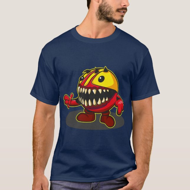 T-shirt Red monster that eats pills and travels a maze (Devant)
