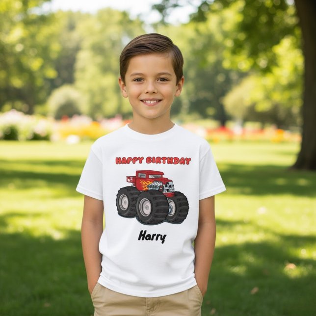 T-shirt Red Monster Truck Custom Joyeux Anniversaire Nom (Créateur téléchargé)