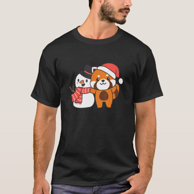 T-shirt Red Panda With Snowman In Winter For Christmas (Devant)