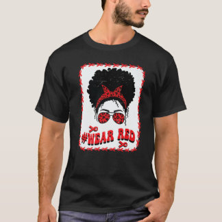 T-shirt Red Ribbon Week Wink Eye Messy Bun Black Women Gla