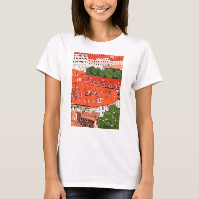T-shirt Red Roofs Prague Tchèque Cityscape Papier Collage  (Devant)