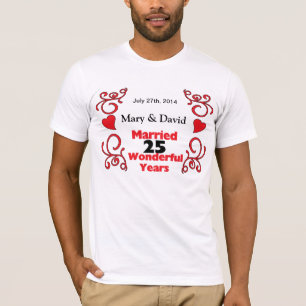 T-shirt Red Scroll & Hearts Noms et Date 25 Anniversaire