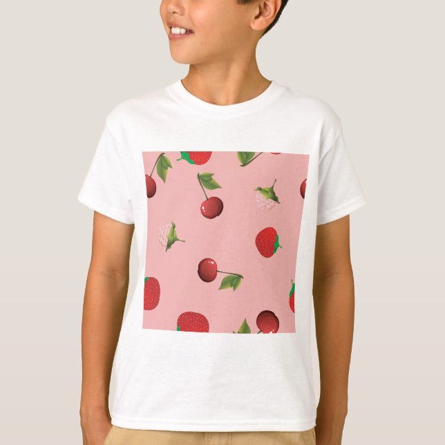 T-shirt Red Strawberry and Cherry Pattern Pink Fruit (Devant)