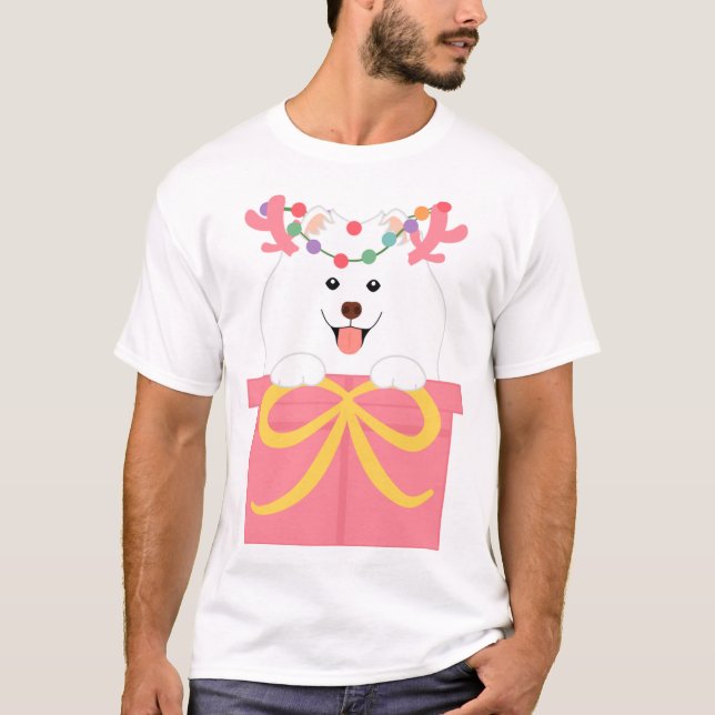 T-shirt Reindeer de Noël Samoyé dans une boîte cadeau (Devant)