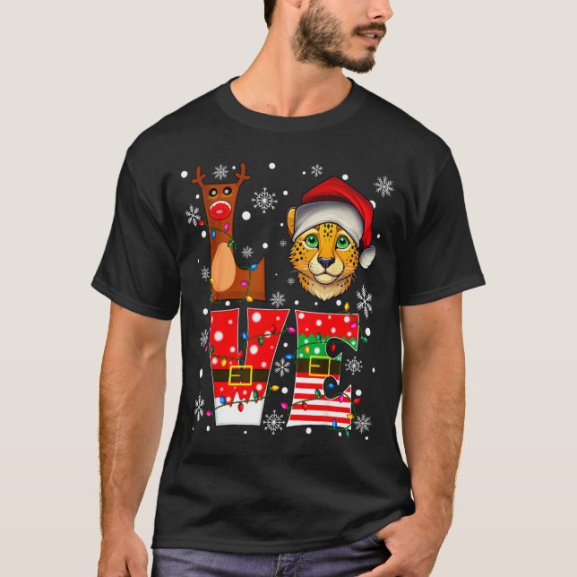 T-shirt Reindeer Elf Santa Hat Love Cheetah Animal Xmas  (Devant)