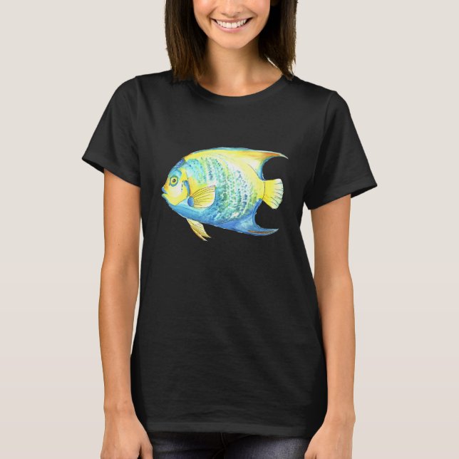 T-shirt Reine angelfish bleue tropicale Aquarium Aquarelle (Devant)