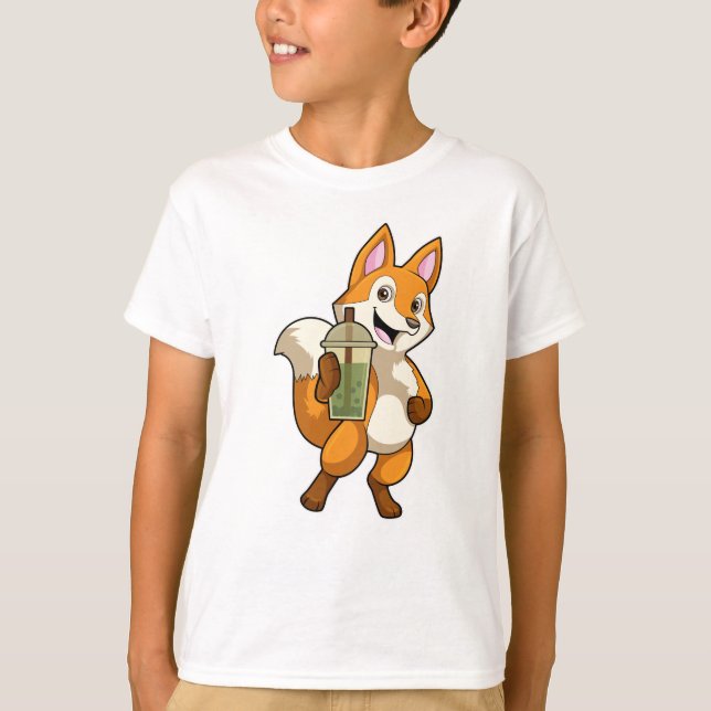 T-shirt Renard à boire avec du thé à bulle (Devant)