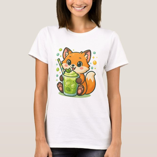 T-shirt Renard Kawaii avec Latte Matcha - Thé Vert mignon (Devant)