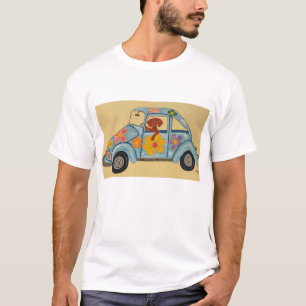 T-shirt représentant un teckel dans une voiture hi