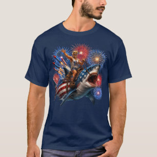 T-shirt Requin Patriote Cowboy Chevauchant un Grand Blanc 