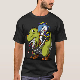 T-shirt Requin Pirate à Cheval sur un Dinosaure T-Rex