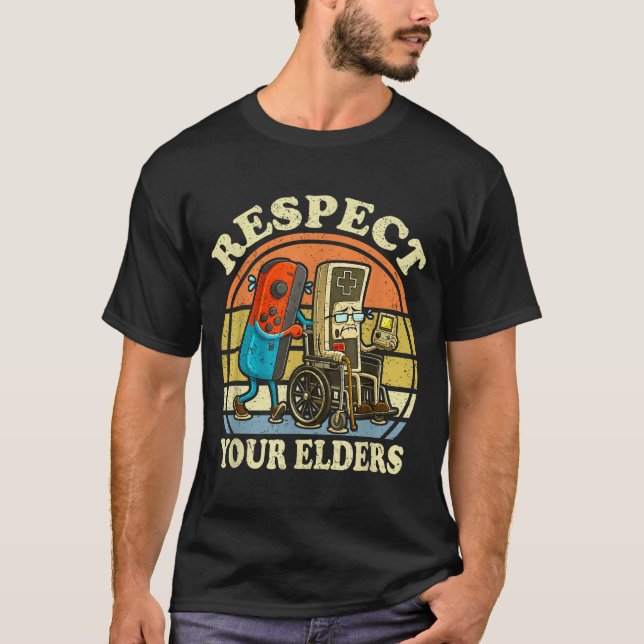 T-shirt Respect Your Elders Retro Gaming Funny Controller  (Devant)