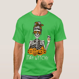 T-shirt Restez Witchy Skeleton Boire Messy Bun Leopard Ha