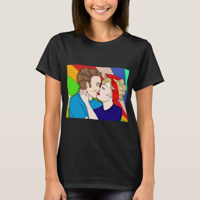 T-shirt Retro 1950 Pop Art Style Couple Kissing (Devant)
