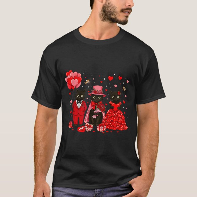 T-shirt Retro Black Cat Meowentine's Day Heart Valentines  (Devant)