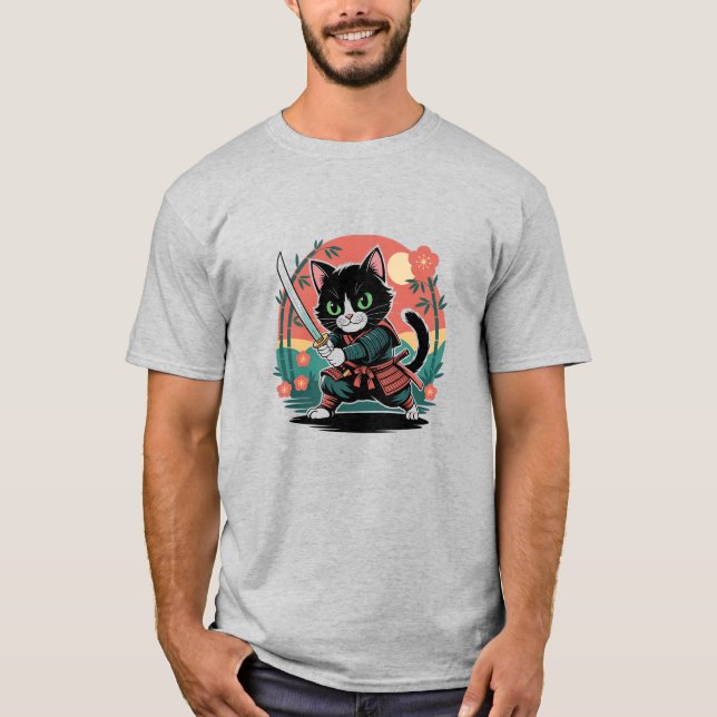 T-shirt Retro Cat Samurai Japonais Warrier Art (Devant)