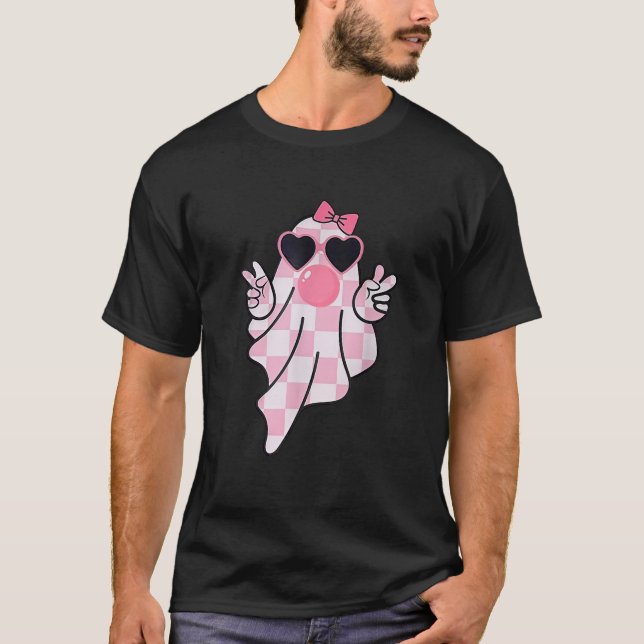 T-shirt Retro Checkered Cute Pink Ghost Blowing Bubble Gum (Devant)