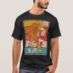 T-shirt Retro Cherry Blossom Wild Chat Animal Sakura Asiat