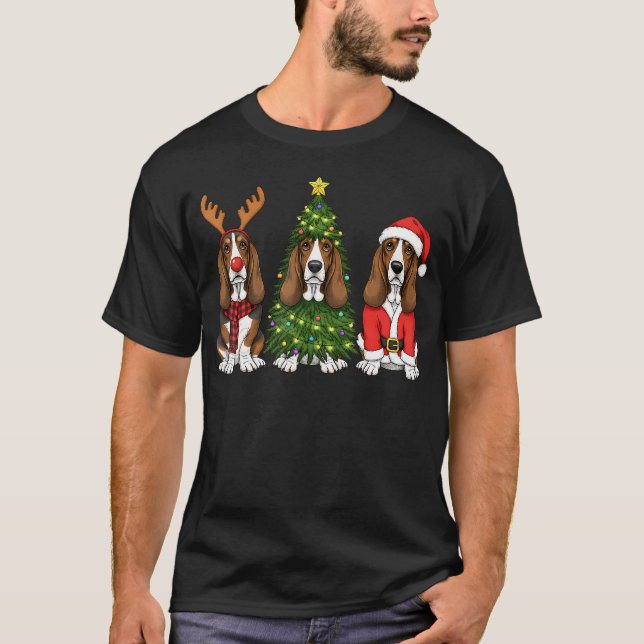 T-shirt Retro Christmas Basset Hound Santa Reindeer Dog Lo (Devant)
