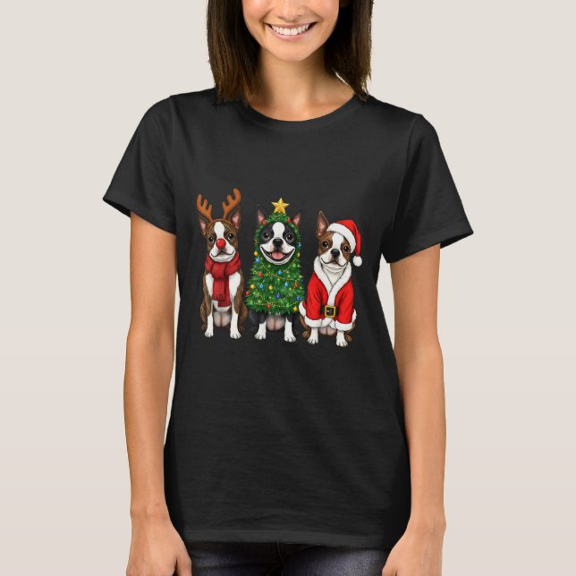 T-shirt Retro Christmas Boston Terrier Santa Reindeer Dog  (Devant)