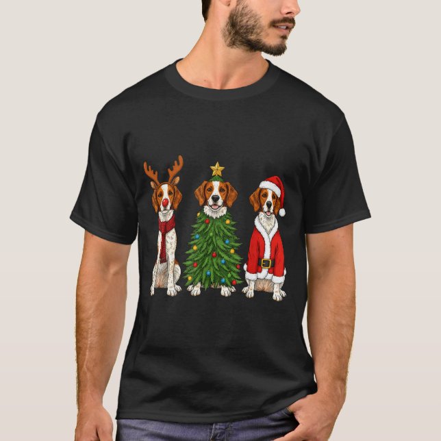 T-shirt Retro Christmas Brittany Spaniel Santa Reindeer Do (Devant)