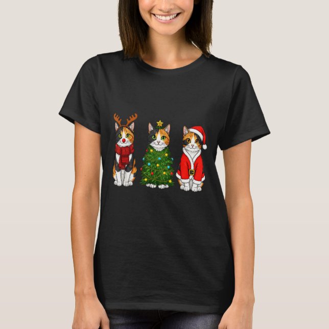 T-shirt Retro Christmas Calico Cat Santa Reindeer  (Devant)
