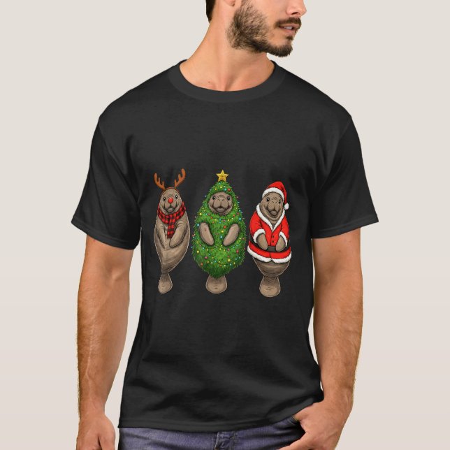 T-shirt Retro Christmas Manatee Santa Reindeer  (Devant)