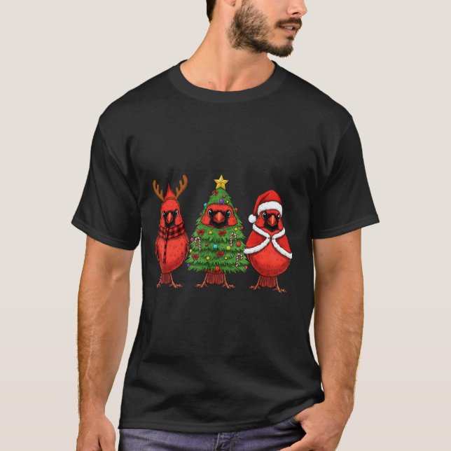 T-shirt Retro Christmas Red Cardinal Bird Santa Reindeer  (Devant)