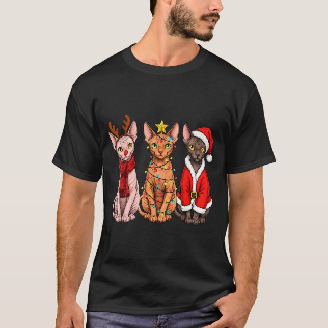 T-shirt Retro Christmas Sphynx Cat Santa Reindeer  (Devant)