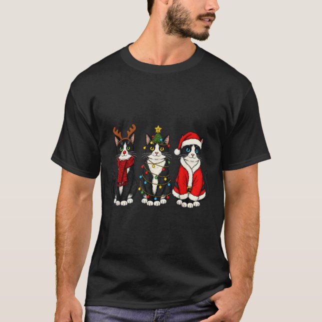 T-shirt Retro Christmas Tuxedo Cat Santa Reindeer  (Devant)