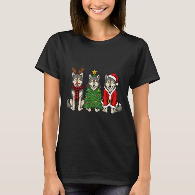 T-shirt Retro Christmas Wolf Santa Reindeer  (Devant)