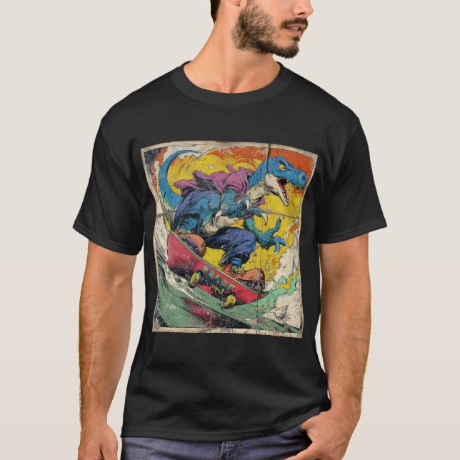 T-shirt Retro Comic T-Rex Skateboarding (Devant)